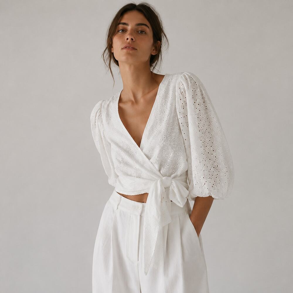 L*Space Anthropologie Amalfi White Eyelet Lace Blousson Sleeve Blouse Top Womens - Picture 1 of 6